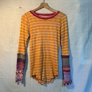 Free People We The Free In The Mix Cuff Top Orange Stripe Boho Large